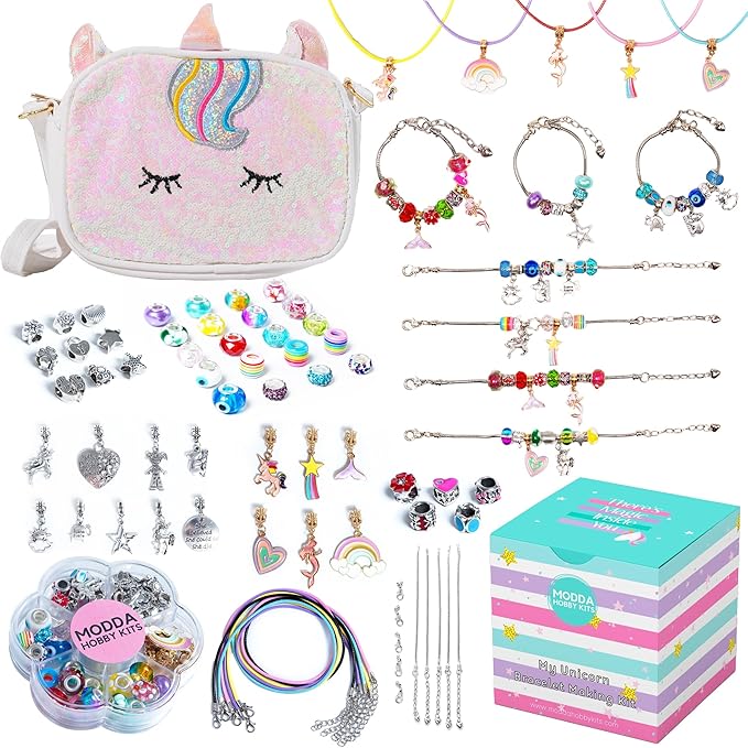 Modda Unicorn Charm Bracelet Making Kit - Unicorn Themed Jewelry Kit with Charms, Beads, Bag for Girls Ages 8-12 - Perfect for Birthday, Christmas Gifts