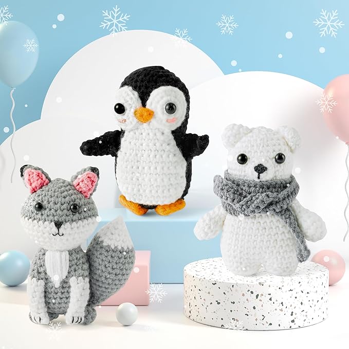 BWkoss Crochet Kit for Beginners, Polar Animal Crochet Starter Kit for Adults Kids Fox Penguin Polar Bear DIY Yarn Knitting Craft Supplies with Step-by-Step Video Tutorials for Knitting Enthusiast