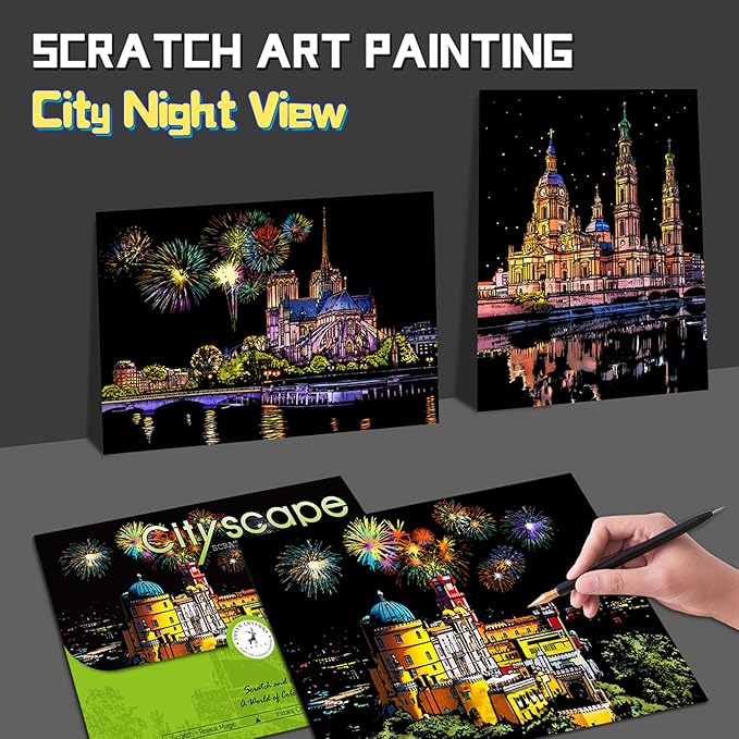 Scratch Art for Adults-Scratch Painting Craft Kit (4 Sheets 16x11 in)|Foil Engraving Art Set|Stress Relief Gift for Travel Lovers,Craft Lovers|Creative Scratch Art Home Decor(City Scape 3)