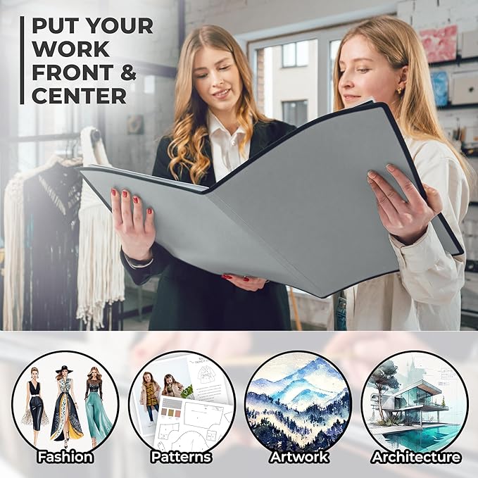 Dunwell 12x18 Art Portfolio Binder with Mounting Paper (Silver), Large Portfolio Folder for Artwork Storage, 24 Clear Sleeves Display 48 Pages, Acid-Free Poly 12 x 18 Presentation Book