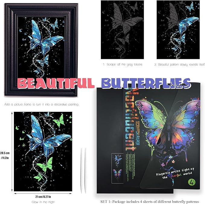 Adult Crafts Glow in The Dark, Scratch Art Rainbow Painting Paper 8 Sheet with Tools, Landscape Scratchboard for Teens & Adults Fun Creative Craft Toy/Gifts/Decor(A4-Noctilucent Butterfly, Whale)