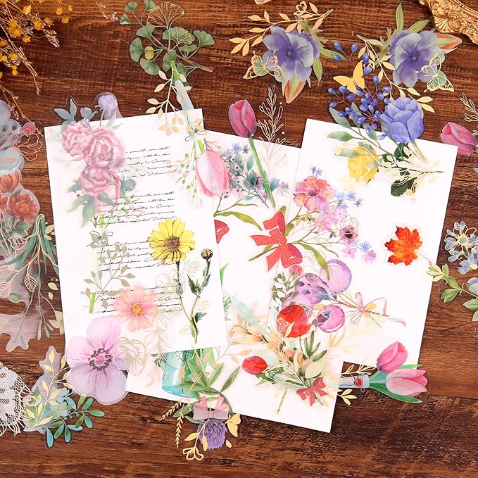 Dizdkizd Gilding Flower Stickers (240 Pieces) - Glitter Watercolor Transparent Stickers for Card Making Scrapbooking Envelopes Wrapped Gifts Arts and Crafts Journaling