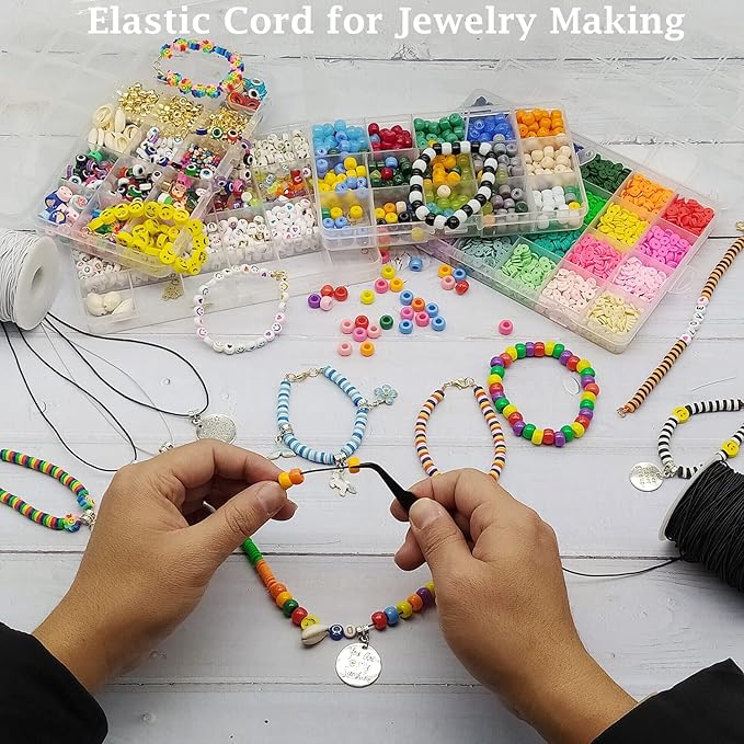 Stretchy String for Bracelets, 4 Rolls 1 mm Sturdy Elastic String Elastic Cord for Jewelry Making, Necklaces, Beading (2 Black+ 2 White)