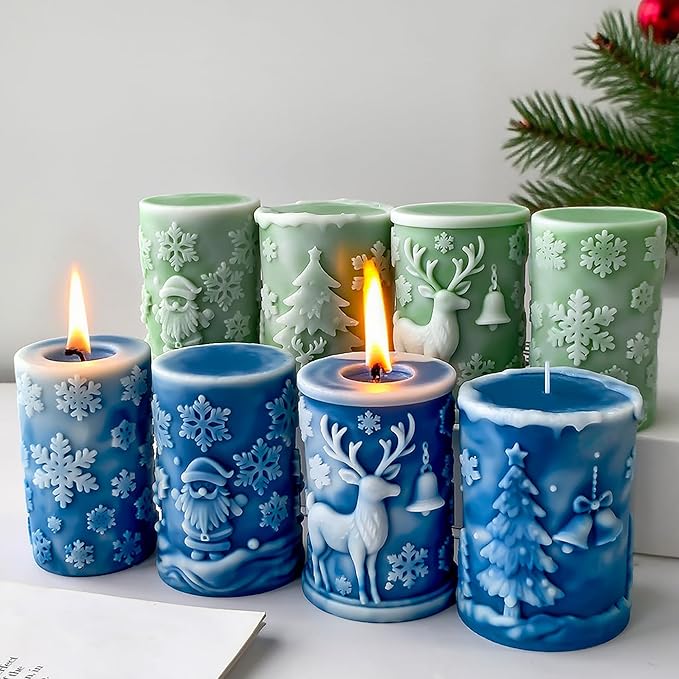 Christmas Deer Snowflake Santa Cylinder Candle & Resin Mold - Resin Casting Silicone Molds for Home Decor & Candle Making Wave Spiral Mold