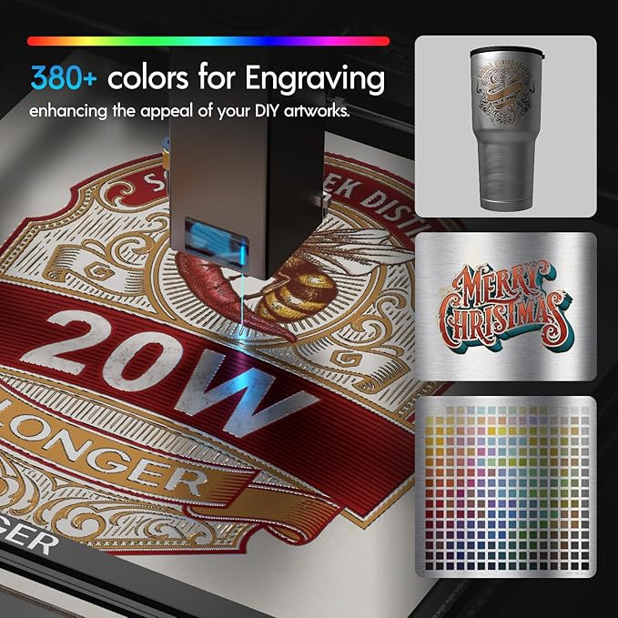 Longer RAY5 20W Laser Engraver with Air Pump, 17.3"x 17.3" Honeycomb Bed, Rotary Roller, and 8 Risers – Cuts and engraves Wood, Metal, Acrylic, tumblers