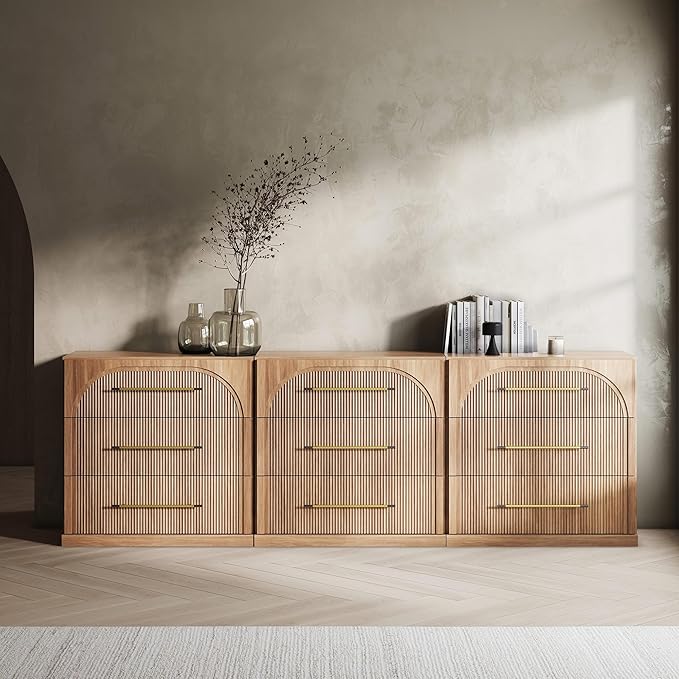 BELLEZE Set of 3 Fluted Modular Sideboard Cabinet, Classic Modern Buffet Cabinet with 3 Drawers, Accent Credenza Storage Cabinet for Dining Room Living Room Entryway (Camel)