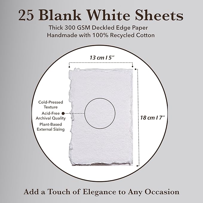 Wanderings Thick Handmade Deckled Edge Cotton Paper - Cold Pressed Texture - Paint, Watercolor, Drawing, Writing, Cards, Invitations, Menus, Arts and Crafts. 25 Pack White 300gsm - 5" x 7"