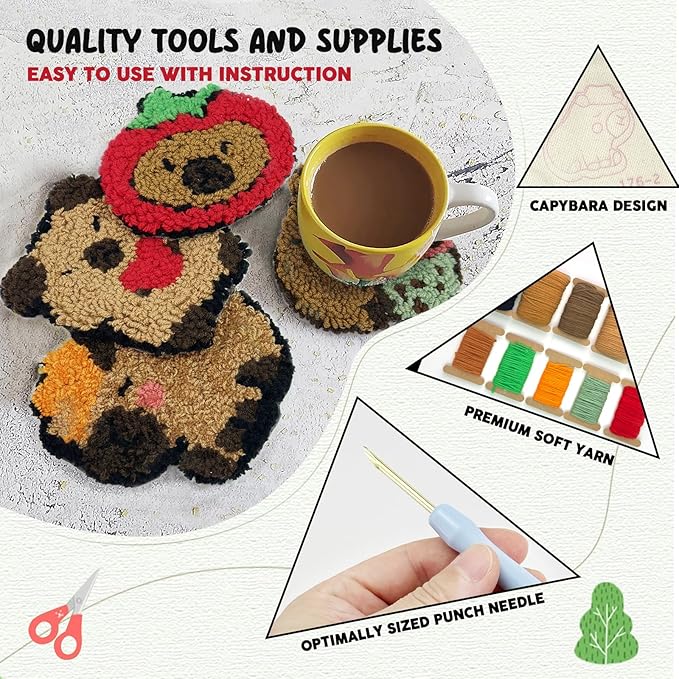 6pcs Capybara Punch Needle Coasters Kit for Beginners, Easy Art Work Embroidery Kit Latch Hook Kits for Adults, DIY Rug tufting kit with Adhesive Felt Yarns Hoop Instruction