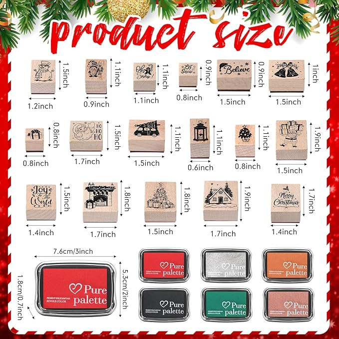17 Pcs Christmas Wooden Rubber Stamps with Craft Ink Pads Mixed Santa Claus Christmas Tree Snowman Gingerbread Man Rubber Stamps for Card Making Decoration Party Gift Scrap Booking Supplies