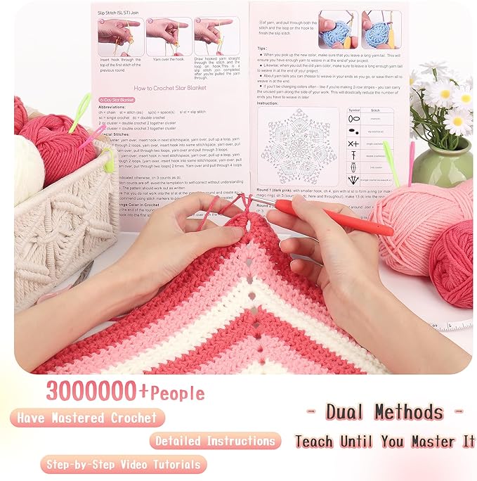 Katech Crochet Kit for Beginners, Learn to Crochet Granny Square Star Blanket Kits w/Step-by-Step Video Tutorials-Complete Beginner Crocheting Kit for Adults Kids-Easy Knitting Kit w/Enough Soft Yarn