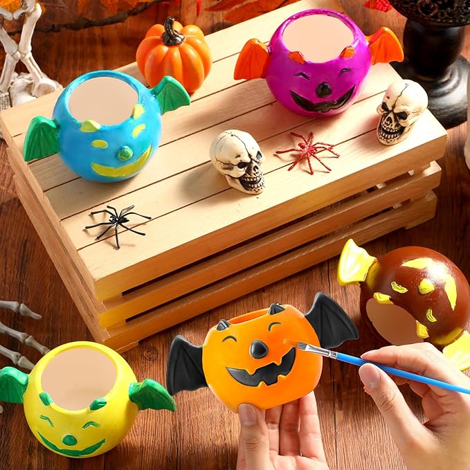 Pasimy 6 Set DIY Ceramic Succulent Planter Pots Paint Your Own Flower Pots Craft Kit Unpainted Bisque Paintable Flowerpot with Brush Palette Ready to Paint for Family Activity Gift (Bat)