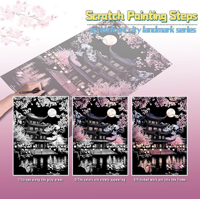 Scratch Art for Adults-Laser Scratch Painting Craft Kit (8 Sheets 16x11 in)|Foil Engraving Art Set|Stress Relief Gift for Travel Lovers,Craft Lovers|Creative Scratch Art Home Decor(Asian Series)