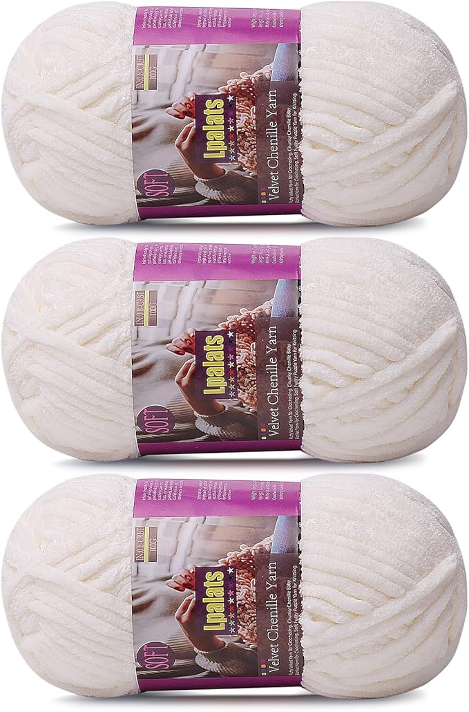 Chunky Chenille Yarn for Crocheting - 3x100g/3.5oz Baby Blanket Yarn for Crocheting Soft - 262 Yards Fluffy Thick Plush Yarns for Knitting Blankets Amigurumi (3, Milk White)