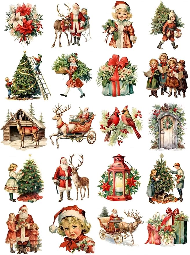 TIAMECH Merry Christmas Paper Stickers - 96 Pcs Santa Clause Elk Christmas Ball Design, Waterproof Sticker for Journaling & Scrapbooking, Junk Journal Supplies, Ephemera & DIY Crafts
