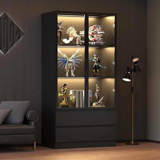 Wooden Display Cabinet with Glass Doors & 2 Drawers,LED Lights Glass Display Case,Showcase for Collections, Curio Cabinets, Bookcase and Glassdoor Display Cabinet(Black- 2 Drawers)