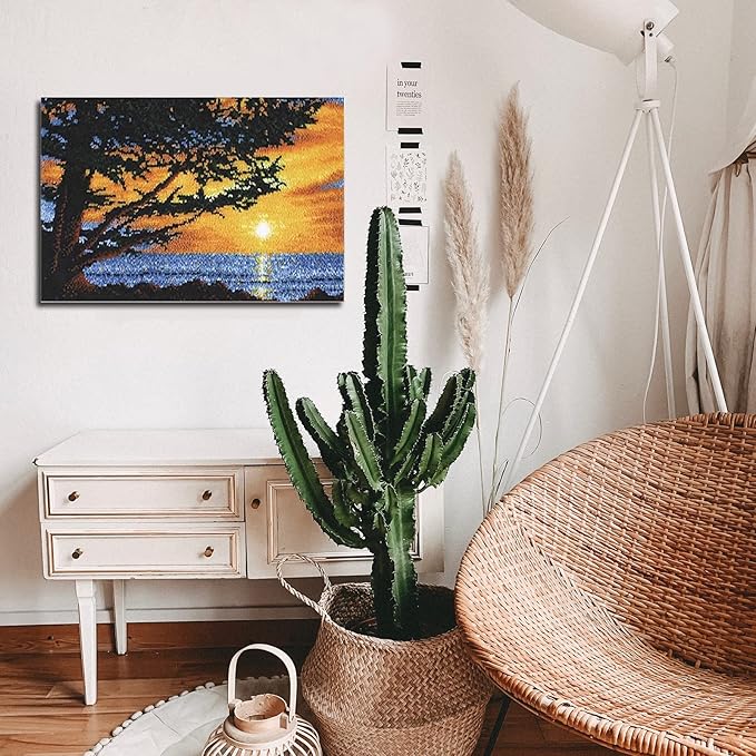 YAKOLECI Latch Hook Kits for Adults, Color Printed DIY Crafts Needlework Arts Rug Sewing Carpet for Home Decoration Festival Gift 23.6''X15.8'' (Seaside Sunrise) (YA-003)