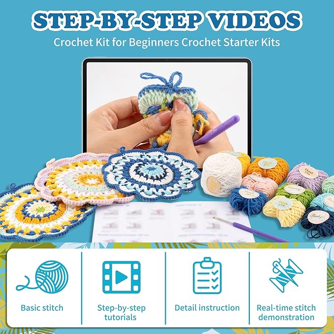 Alvian Mandala Coaster Crochet Kit for Beginners Crochet Starter Kits Craft Knitting with Step-by-Step Video Tutorials Mini Handmade Crochet Knitted Gift for for Birthday, Anniversary, Valentines