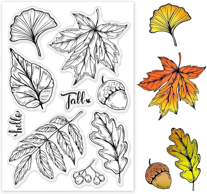 GLOBLELAND Hello Autumn Clear Stamps Maple Leaf Thanksgiving Day Silicone Stamp for Scrapbook Journal Card Making