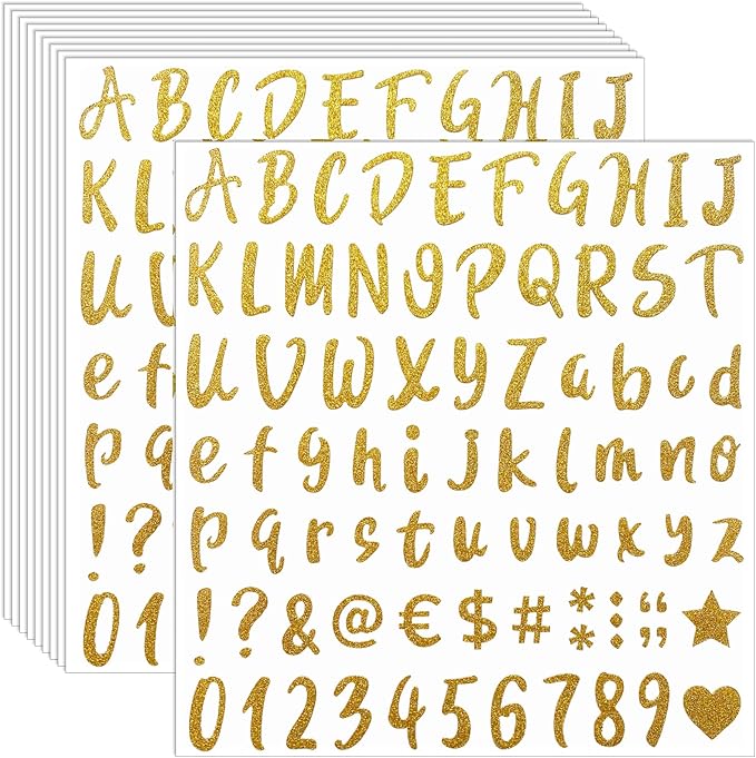 810 Pieces 10 Sheets Self-Adhesive Glitter Gold Letter Stickers, Alphabet Number Stickers, Decals for Sign, Mailbox, Notebook, Window, Classroom Decor, Door, Business, Address Number (1 Inch)