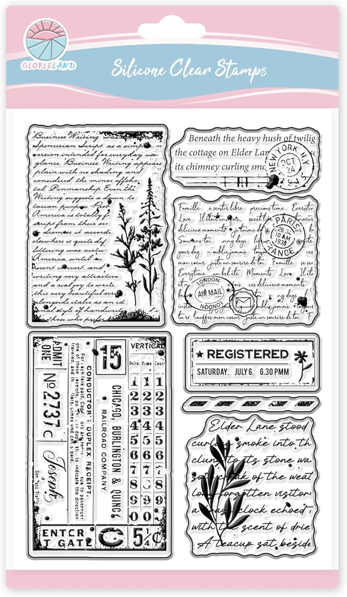 GLOBLELAND Vintage Background Clear Stamp for Scrapbooking Text Texture Silicone Stamps Retro Plants Transparent Stamp for Card Making DIY Embossing Journaling