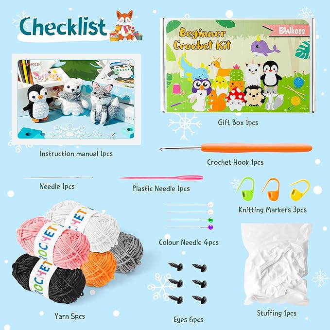 BWkoss Crochet Kit for Beginners, Polar Animal Crochet Starter Kit for Adults Kids Fox Penguin Polar Bear DIY Yarn Knitting Craft Supplies with Step-by-Step Video Tutorials for Knitting Enthusiast