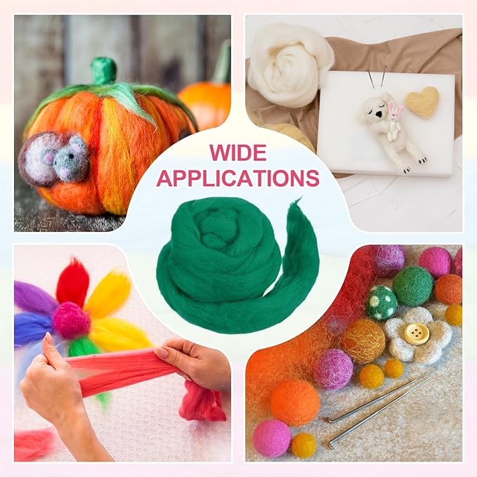 MECCANIXITY Wool Roving Yarn Soft Felting Wool 50g/1.76oz Pure Chunky Roving Yarn for Needle Felting Knitting Blanket Spinning Weaving Art DIY Craft Green