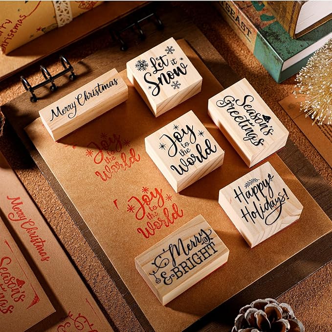 Watersay 6 Pcs Christmas Rubber Stamp Set Merry Christmas Wooden Rubber Stamp Snow Tree Stamps Vintage Wooden Rubber Art Stamps for Crafting and DIY Scrapbooking Card Making Hand Book(Word)