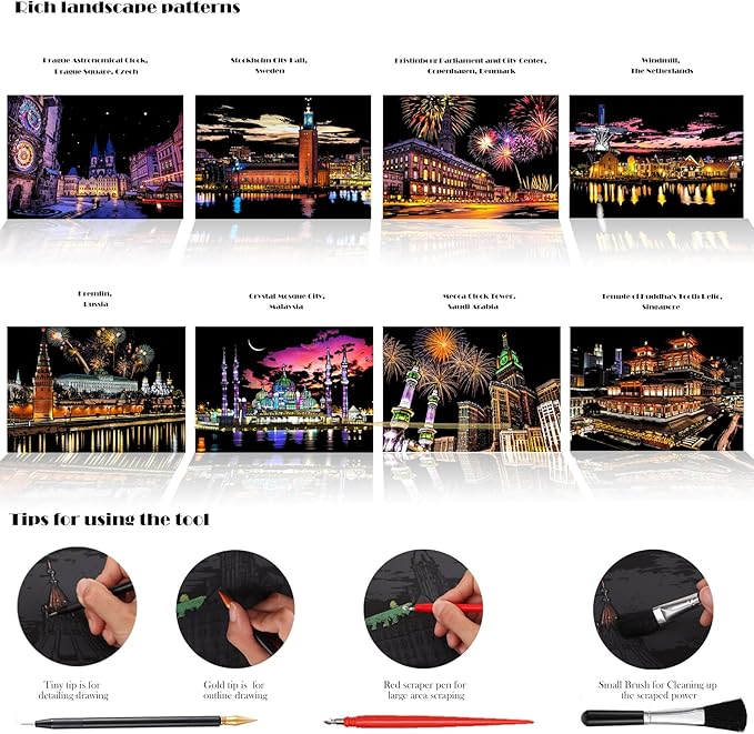 Scratch Art Paper for Adults Foil Art - Colorful City Series, Scratch Painting for Adults/Teens, Scratch and Sketch Craft Gift | Foil Engraving Scratch Art Adult (Set 2)