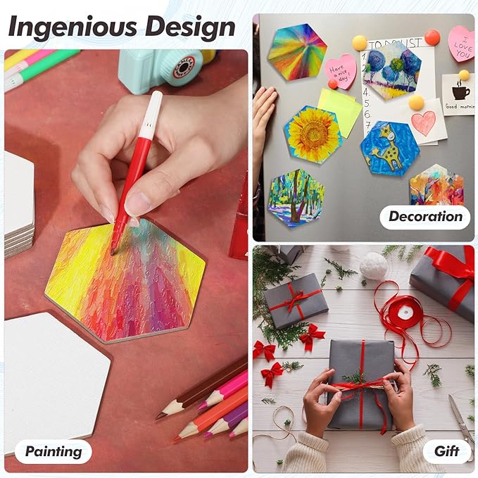 Engrowtic 50 Pcs Magnetic Painting Canvas Panel Mini Canvas Boards for Painting Mini Tile Art for Fridge Locker Art Crafts DIY(4 in,Regular Hexagon)