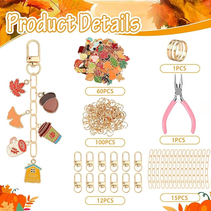 AUGSUN 189Pcs Fall Keychain Making Kit, Autumn Charm Jewelry Chain Making Crafts, 60 Thanksgiving Charms 12 Keychain Clips Hooks 15 Extender Chains 100 Jump Ring and Jewelry Plier for Holiday Gifts