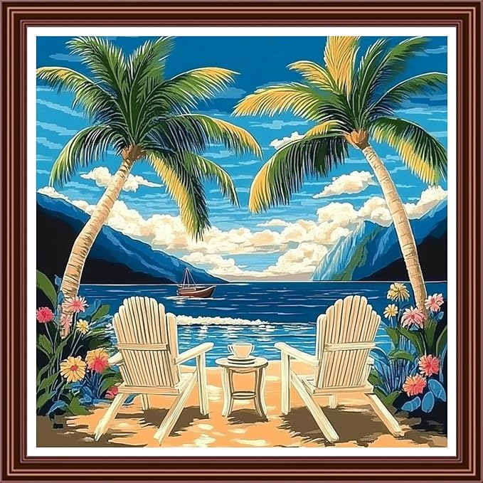 Dimensean Counted Cross Stitch Kit for Beginners, 11CT Unprinted Cross-Stitch Kit Easy Patterns Needlepoint Kit Cross Stitching Embroidery Kit Supplies-Rest Under The Coconut Tree 18x18 inch