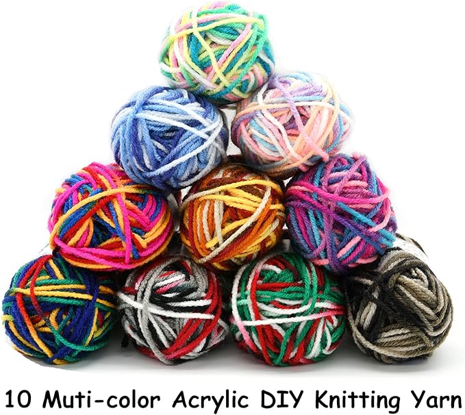 10 Acrylic Yarn Skeins,Multicolor Crochet Craft for Crocheting and Knitting,with Hooks Knitting Needles Stitch Markers,Crochet Starter Kit Beginners(650 Yard/250g)