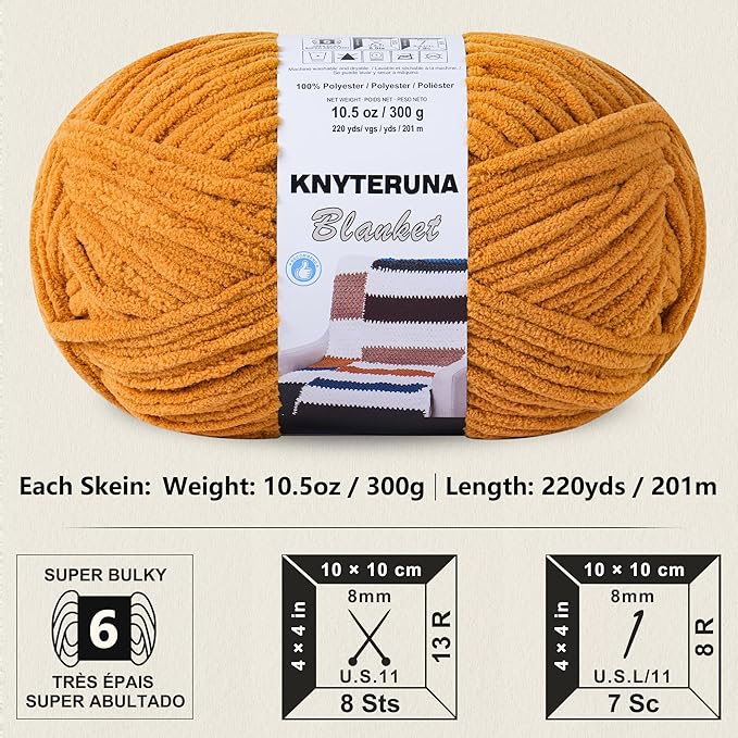 #6 Super Bulky Blanket Yarn for Crocheting - 4 Skeins(Each 10.5oz/300g, 220yds/201m), Chunky Chenille Thick Plush Big Soft Yarn for Crocheting Knitting Blankets, Mustard Yellow