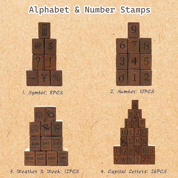 Letter Stamps, 56pcs Alphabet Stamps with Weeks and Weather, Number Stamps with Wooden Case, Vintage Symbol Wood Stamps with Ink Pads Rubber Stamps for Crafting, Card Making, Scrapbooking