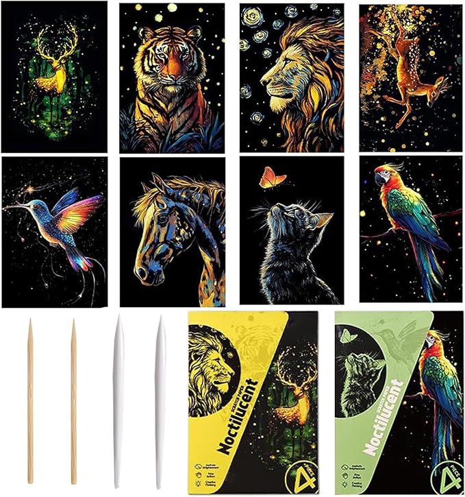 Georgie Porgy Scratch Paper Art Set for Kids Adults Magic Rainbow Scratchboards for DIY Arts and Crafts Kits Christmas Birthday Gift with Scratching Tools Kit (A5-Noctilucent Elf + Forest Animals)