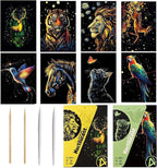 Georgie Porgy Scratch Paper Art Set for Kids Adults Magic Rainbow Scratchboards for DIY Arts and Crafts Kits Christmas Birthday Gift with Scratching Tools Kit (A5-Noctilucent Elf + Forest Animals)