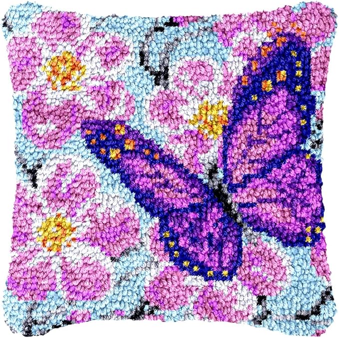 Puzamen Latch Hook Pillow Kits Butterfly Crochet Yarn Cushion Colour Pre-Printed Canvas Rug Needlework DIY Pillowcase Hook and Latch Kit for Adults Beginner Home Arts Crafts Sofa Decoration