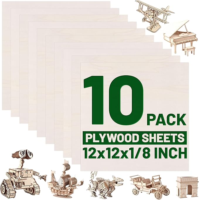 10 Pack Basswood Sheets - 12 x 12 x 1/8 Inch (3mm) Premium Plywood Sheets Unfinished Wood Boards for Crafts - Laser Cutting, Engraving, Wood Burning & Architectural Models with Smooth Surface