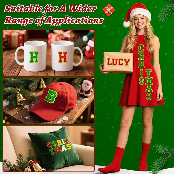 104 Pcs Red Green Christmas Patches Chenille Letter Patches Embroidered Stick on Patches Self Adhesive for Clothing,A-Z Letter Stickers Sew on Patches for Sweaters Jackets Hats Stockings Backpacks