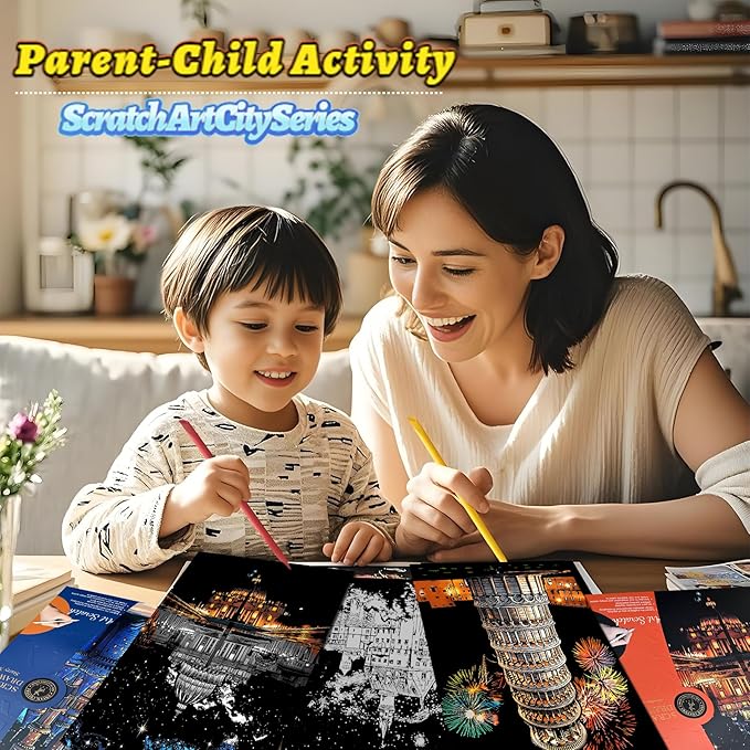 Rainbow Scratch Painting Art Kit - Scratch Art Painting for Adults and Teens, DIY Craft Kit with 4 Tools and 8 Sheets of Paper, Ancient Cities Series Creative Gifts 16''x11''(European)