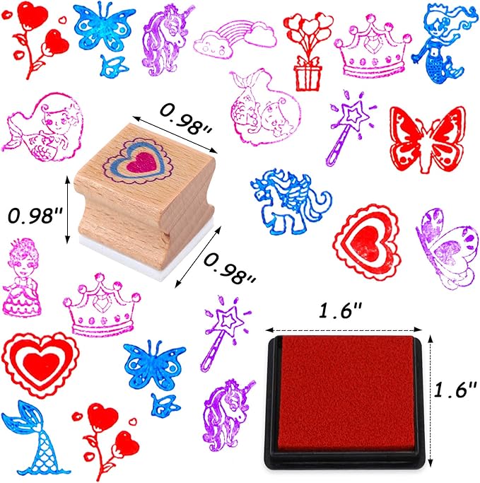 HOWAF 16pcs Wooden Stamps for Crafts - Mermaid, Princess, Heart, Butterfly Stamps with 4pcs Ink Pad - Unicorn, Rainbow, DIY Scrapbook Card Making, Party Bag Fillers, Gift Essentials for Kids