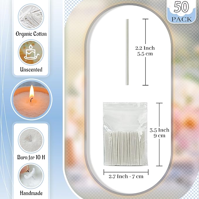 Pearled Candle 2 Inch Cotton Wicks 50-Pack White Extra Wicks for Sand Candles Making, Metal-Free and Lead-Free Refill Sand Wax Wick