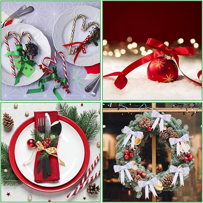 DECYOOL 4 Rolls 100 Yards Christmas Ribbons 10mm Wide Holiday Satin Ribbons Fabric for Gift Wrapping and DIY Craft, Red & Green & Gold &White