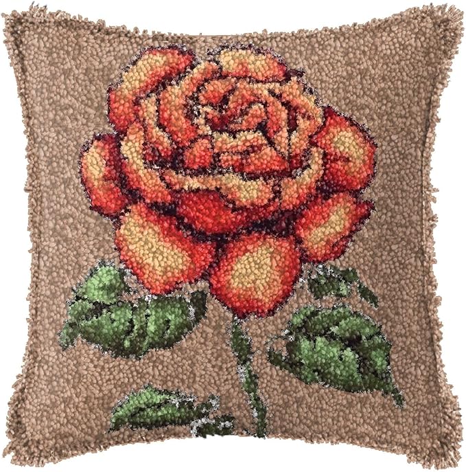 LAPATAIN Latch Hook Kits for Adults Kids,Rose Pattern Color Printed Canvas DIY Throw Pillow Cover,Beginners Handmade Needlework Crafts Home Decoration 17x17inch