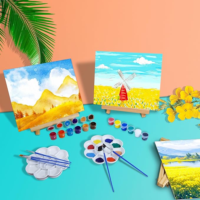 10Pack Canvas Boards and Easel Set for Painting,8x10 Inch Art Canvas with 10 Wooden Easels, 24 Brushes, 24 Acrylic Paints,10 Paint Trays,Painting Canvas for Acrylic Oil, Art Crafts,Party Painting Kits