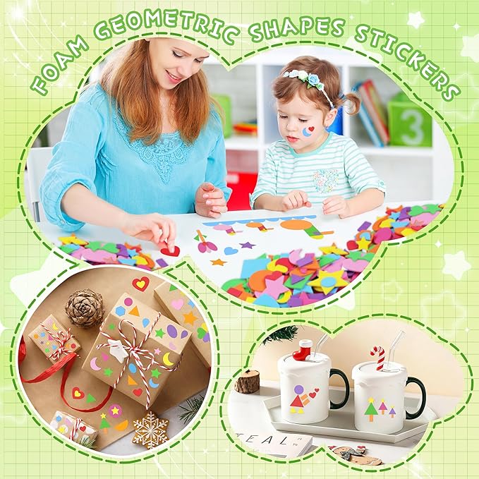 1808Pcs Foam Stickers,Foam Shape Stickers Self Adhesive,Colorful Star Heart Circle Sticker for Kids Crafts Large Small Geometric Sticker for Preschool Classroom Scrapbook Supplies(16,Multicolor)