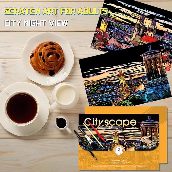 Scratch Art for Adults-Scratch Painting Craft Kit (4 Sheets 16x11 in)|Foil Engraving Art Set|Stress Relief Gift for Travel Lovers,Craft Lovers|Creative Scratch Art Home Decor(City Scape 1)