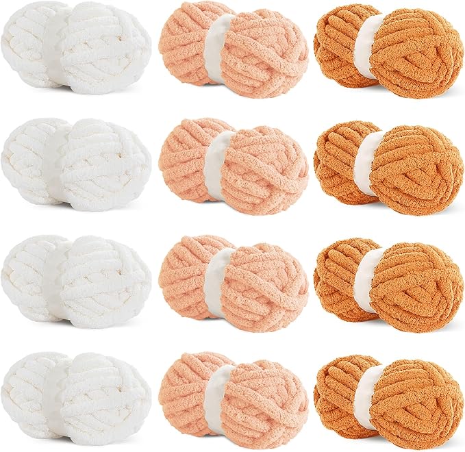 HOMBYS 12 Pack Assorted Chunky Yarn for Crocheting,Super Bulky Large Soft Fluffy Yarn,Plush Fuzzy Yarn,Thick Chenille Yarn for Hand Knitting/Arm Knitting,Orange Gradient(27yds,8 oz Each Skein)