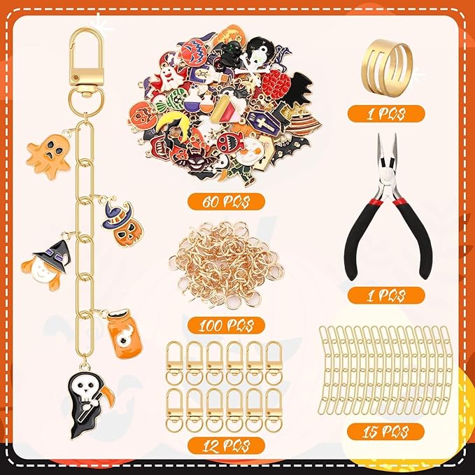 AUGSUN 189Pcs Halloween Keychain Making Kit, Charm Making Crafts 60 Halloween Charms 12 Keychain Clips Hooks 15 Extender Chains 100 Jump Ring for Crafts Accessories Holiday Gifts