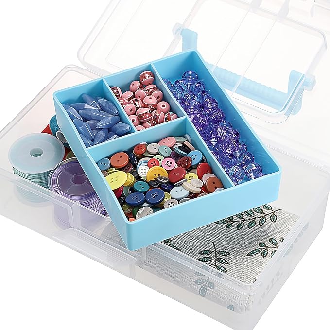 JUXYES 2 Pack Plastic Carry Storage Box with Removable Dividers, Clear Art Craft Supply Storage Bin Sewing Box with Handle Lid, 2 Layers Stationery Storage Case for School/Office Supplies Light Blue